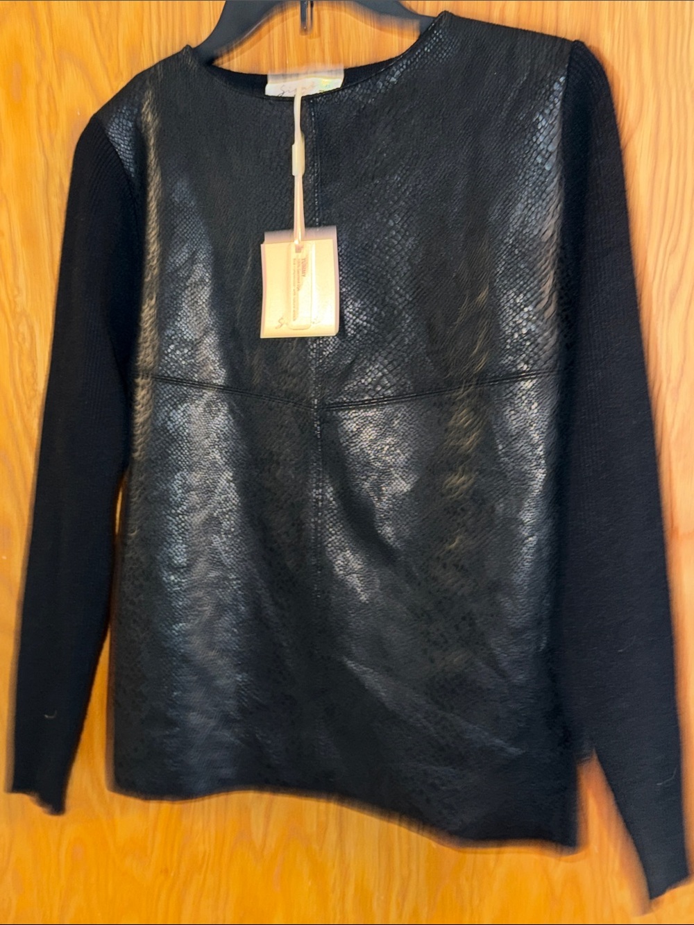Sioni Black Faux Leather Front Crew Neck Sweater